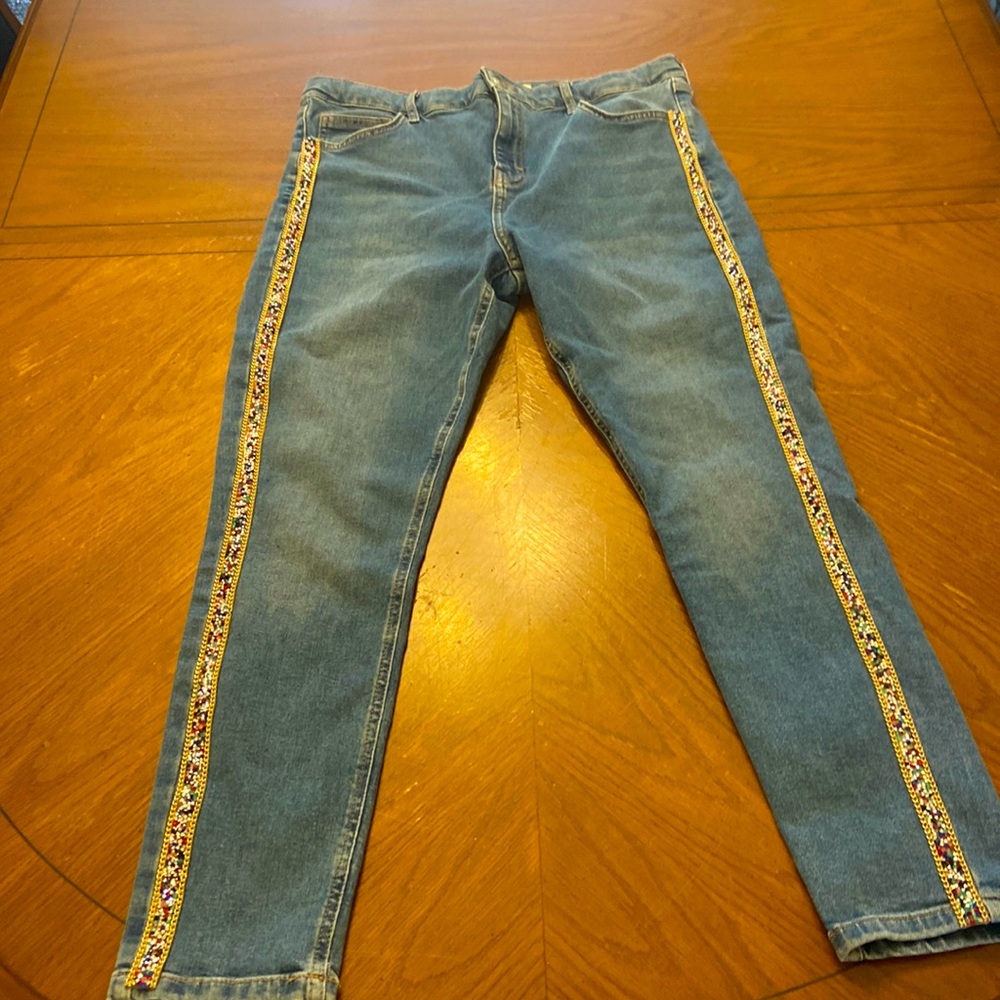 Top shop custom 🌈 embellished Jamie moto slim straight medium wash jeans 34 x 30